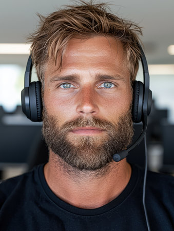 Portrait of a man wearing a headset in an officeの素材