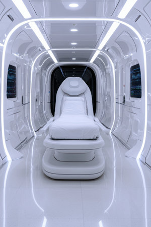 Futuristic medical examination room with sleek white design and advanced technology.の素材