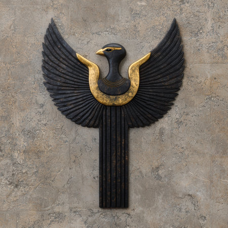 Black and gold Egyptian bird wall art on a textured backgroundの素材