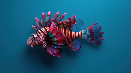 Vibrant lionfish with striking colors and patterns against a teal backgroundの素材