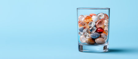 Colorful glass stones in a glass on a blue backgroundの素材