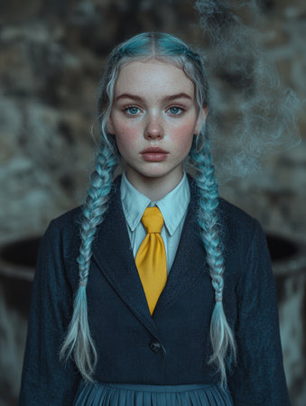Portrait of a young woman with blue hair in a school uniformの素材