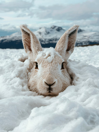 Adorable arctic hare peeking out from snowdrift in winter wonderlandの素材