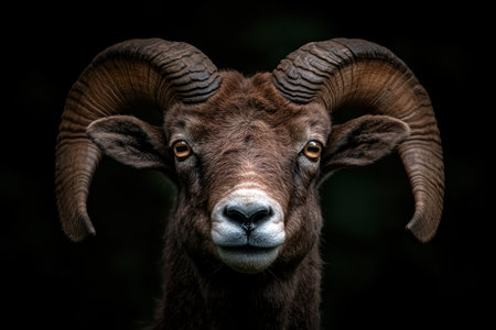 Majestic ram with large horns in dark backgroundの素材