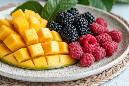 Close-up of a delicious fruit salad with mango, raspberries, and blackberriesの素材