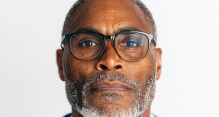 Close-up portrait of a serious middle-aged man wearing glassesの素材
