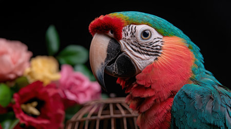 Close-up portrait of a vibrant green-winged macaw parrot against a blurred floral backgroundの素材