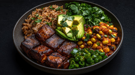 Delicious vegan bowl with tofu, rice, avocado, and black beansの素材