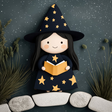 Cute cartoon witch reading a book under the night skyの素材