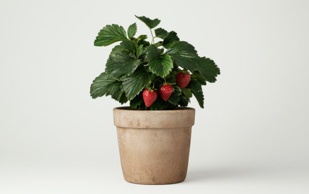 Potted strawberry plant with ripe red strawberriesの素材