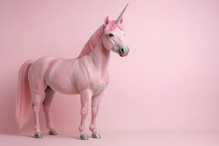 Pink unicorn standing on pink backgroundの素材