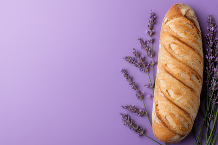 Freshly baked bread and lavender sprigs on purple backgroundの素材