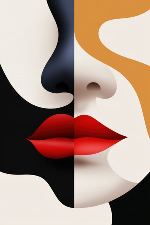 Abstract portrait of a woman's face, split into two contrasting halves, one dark and one light.の素材