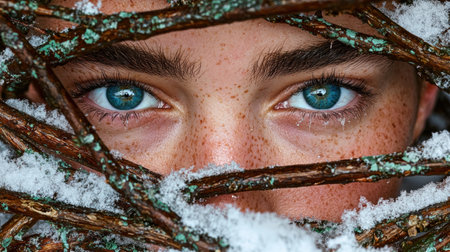 Close-up of a woman's face partially hidden behind snow-covered branches in winterの素材