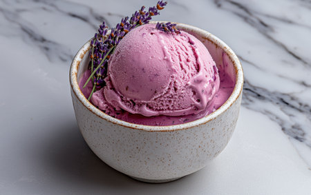 A scoop of lavender ice cream in a small bowlの素材
