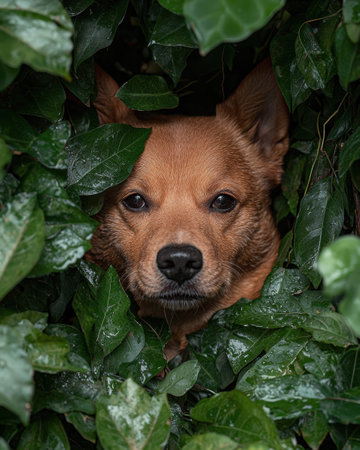Cute brown dog hiding in green bushesの素材