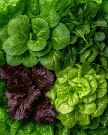 Close-up of vibrant green and red lettuce leavesの素材