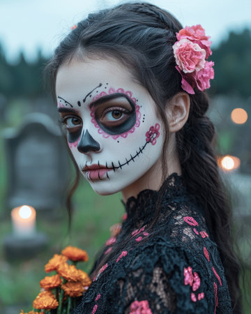 Calavera girl in Cemetery at Nightの素材