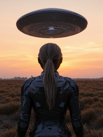 Woman in futuristic suit watches UFO during sunsetの素材