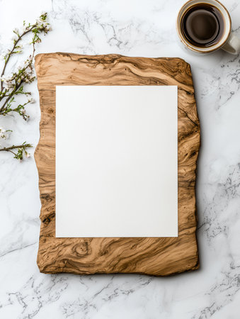 Blank white paper on rustic wooden board with coffee and flowersの素材
