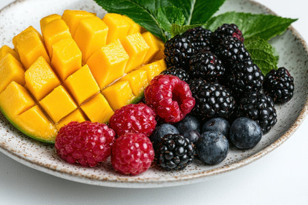 Close-up of a delicious fruit salad with mango, raspberries, blackberries, and blueberriesの素材