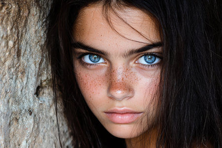 Close-up portrait of a young woman with freckles and blue eyesの素材