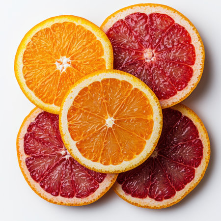 Close-up of vibrant orange and red citrus fruit slices on a white backgroundの素材