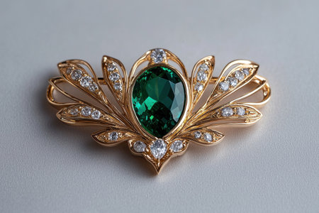 Elegant gold brooch with green gemstone and diamondsの素材