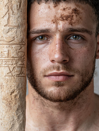 Close-up portrait of a man with dirt on his face, holding an ancient artifactの素材