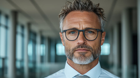 Portrait of a serious middle-aged businessman in a modern officeの素材