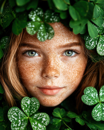 Close-up portrait of a freckled girl surrounded by shamrocksの素材