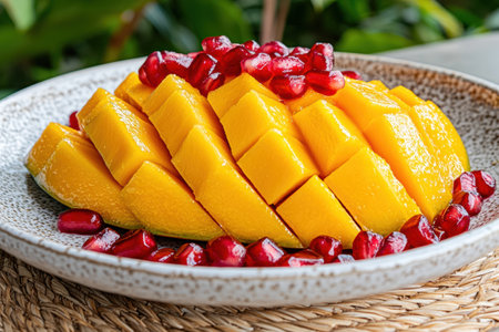 Close-up of sliced mango with pomegranate seeds on a plateの素材