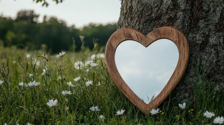 Heart-shaped mirror in a field of daisiesの素材