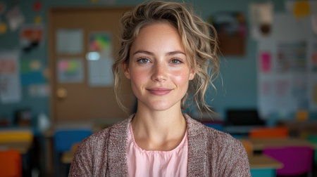 Smiling female teacher in classroomの素材