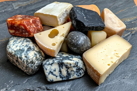 Cheese and stone collection on dark backgroundの素材