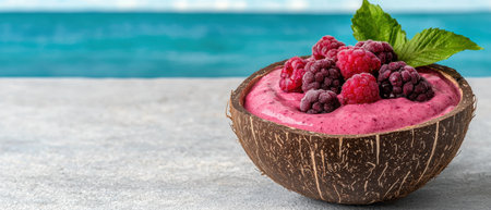 Delicious raspberry and blackberry smoothie bowl in coconut shell, summer vibesの素材