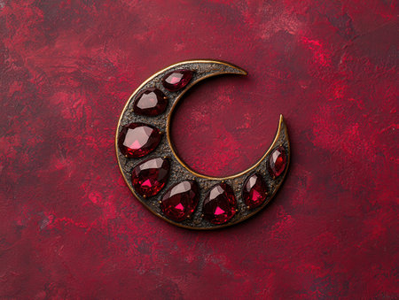 Red gemstone crescent moon jewelry on dark red backgroundの素材