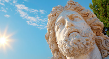 Close-up of a serene stone statue face against a bright blue skyの素材
