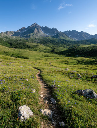 A hiker walks a trail through a mountain meadowの素材