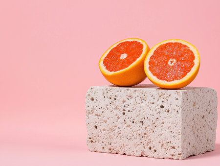 Two halves of a grapefruit on a textured block against a pink backgroundの素材