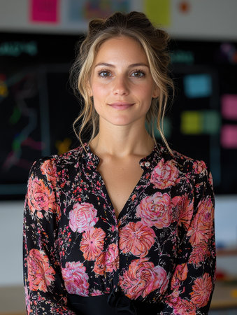 Portrait of a smiling woman wearing a floral blouseの素材