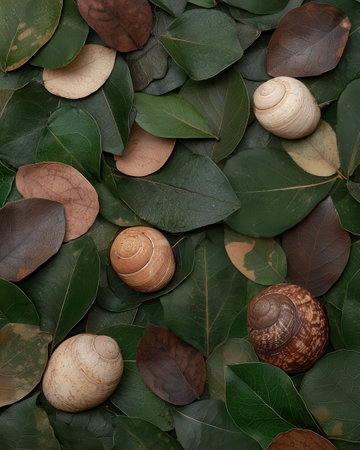 Snail shells and autumn leaves backgroundの素材