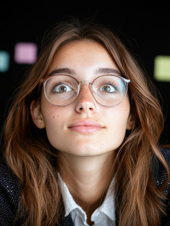 Young woman with glasses looking up thoughtfullyの素材