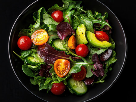Fresh green salad with cherry tomatoes and avocado in a black bowlの素材
