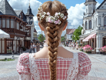Woman with long braid and flowers in her hair, walking down a street in a historic townの素材
