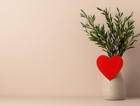 Red heart in a vase with green branches on beige backgroundの素材
