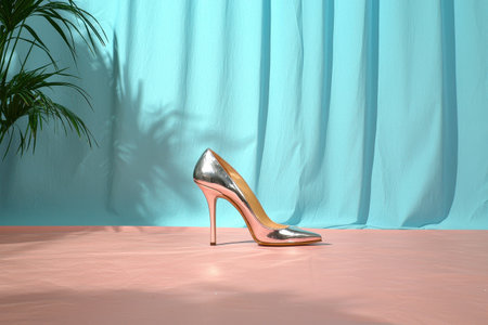 Silver high heels on pink surface with teal backdropの素材