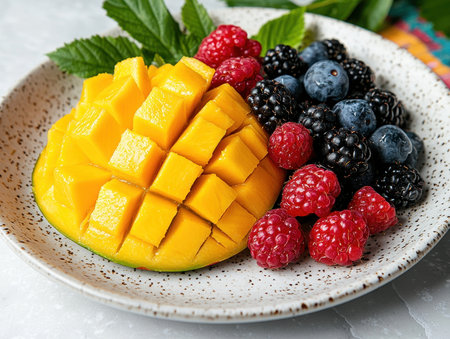 Delicious mango and berry salad on a rustic plateの素材