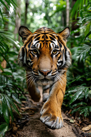 Striking Closeup of a Majestic Tiger Walking Through Lush Jungleの素材