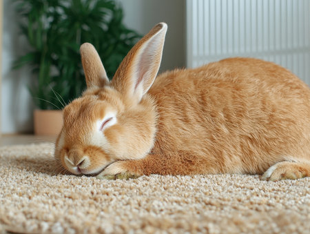 Adorable orange bunny rabbit sleeping peacefully on a beige carpetの素材
